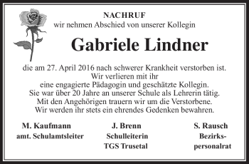 Traueranzeige von Gabriele Lindner von Südthüringer Presse