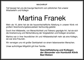 Traueranzeige von Martina Franek von Frankenpost
