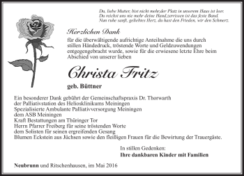 Traueranzeige von Christa Fritz von Südthüringer Presse