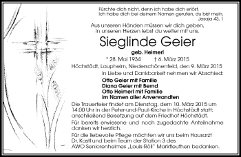 Traueranzeige von Sieglinde Geier von Frankenpost