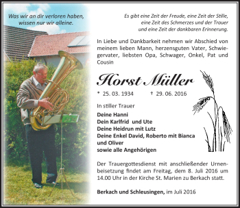 Traueranzeige von Horst Müller von Südthüringer Presse