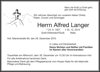 Traueranzeige von Alfred Langer von Frankenpost