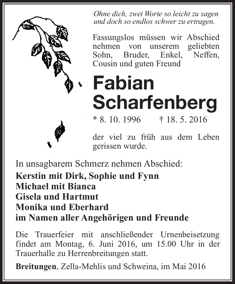  Traueranzeige für Fabian Scharfenberg vom 01.06.2016 aus Südthüringer Presse