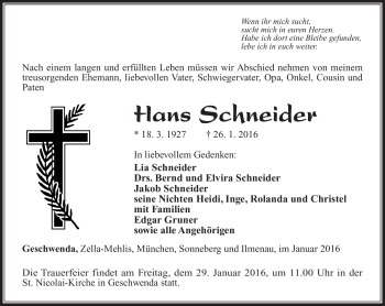 Traueranzeige von Hans Schneider von Südthüringer Presse