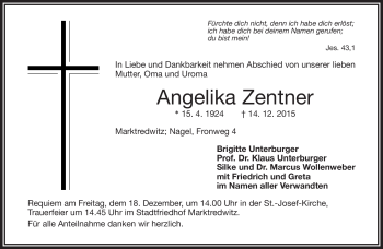 Traueranzeige von Angelika Zentner von Frankenpost
