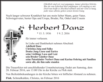 Traueranzeige von Herbert Danz von Südthüringer Presse