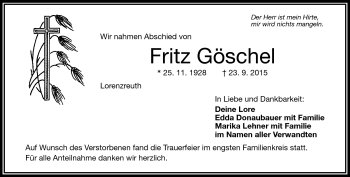 Traueranzeige von Fritz Göschel von Frankenpost
