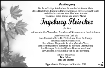 Traueranzeige von Ingeburg Fleischer von Südthüringer Presse