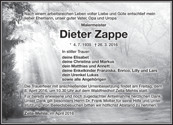 Traueranzeige von Dieter Zappe von Südthüringer Presse