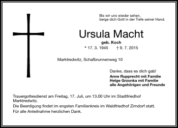 Traueranzeige von Ursula Macht von Frankenpost