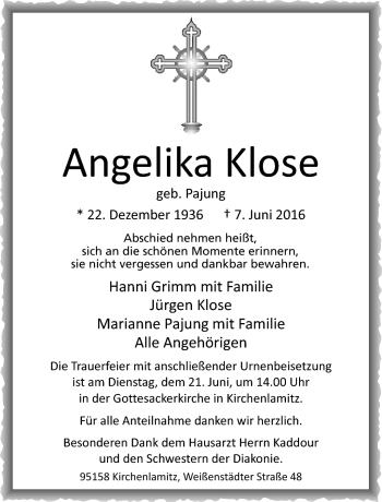 Traueranzeige von Angelika KLose von Frankenpost