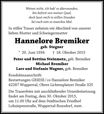 Traueranzeige von Hannelore Bremiker von Südthüringer Presse