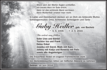 Traueranzeige von Gebriele Hedler von Südthüringer Presse