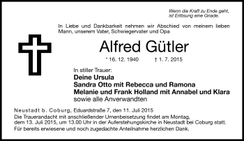 Traueranzeige von Alfred Gütler von Neue Presse Coburg