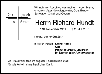 Traueranzeige von Richard Hundt von Frankenpost