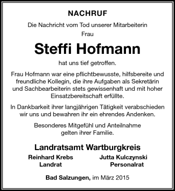 Traueranzeige von Steffi Hofmann von Südthüringer Presse