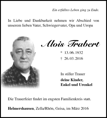 Traueranzeige von Alois Trabert von Südthüringer Presse