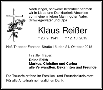 Traueranzeige von Klaus Reißer von Frankenpost