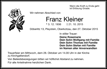 Traueranzeige von Franz Kleiner von Frankenpost