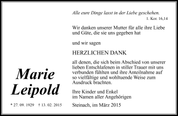 Traueranzeige von Marie Leipold von Südthüringer Presse