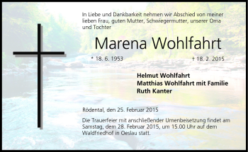 Traueranzeige von Marena Wohlfahrt von Neue Presse Coburg