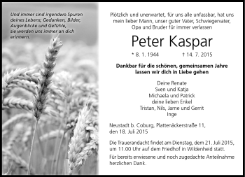 Traueranzeige von Peter Kaspar von Neue Presse Coburg