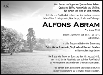 Traueranzeige von Alfons Abram von Südthüringer Presse