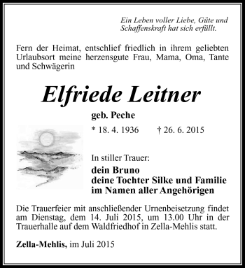 Traueranzeige von Elfriede Leitner von Südthüringer Presse