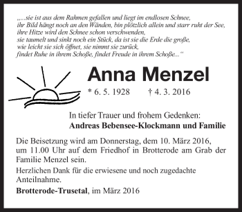 Traueranzeige von Anna Menzel von Südthüringer Presse
