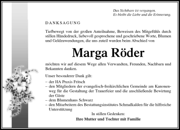 Traueranzeige von Marga Röder von Südthüringer Presse