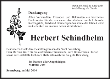 Traueranzeige von Herbert Schindhelm von Südthüringer Presse