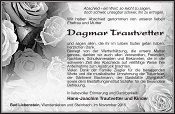 Traueranzeige von Dagmar Trautvetter von Südthüringer Presse