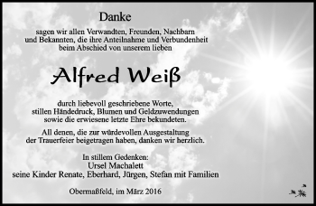 Traueranzeige von Alfred Weiß von Südthüringer Presse