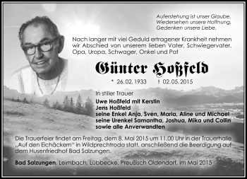 Traueranzeige von Günter Hoßfeld von Südthüringer Presse