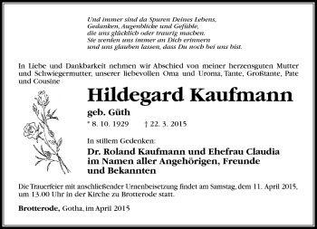 Traueranzeige von Hildegard Kaufmann von Südthüringer Presse