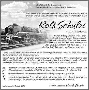 Traueranzeige von Rolf Schulze von Südthüringer Presse