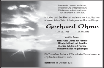 Traueranzeige von Gerhard Ohme von Südthüringer Presse