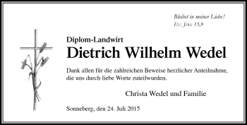 Traueranzeige von Dietrich Wilhelm Wedel von Südthüringer Presse