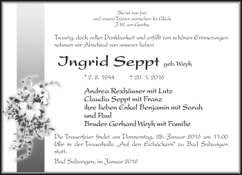 Traueranzeige von Ingrid Sepp von Südthüringer Presse