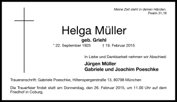 Traueranzeige von Helga Müller von Neue Presse Coburg