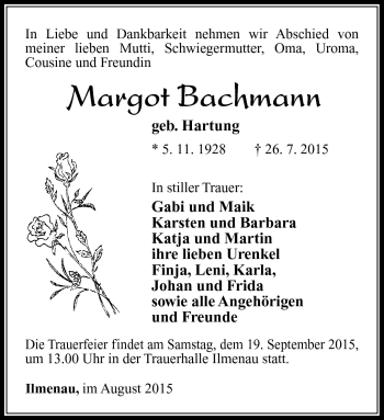 Traueranzeige von Margot Bachmann von Südthüringer Presse