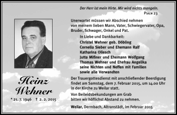 Traueranzeige von Heinz Wehner von Südthüringer Presse