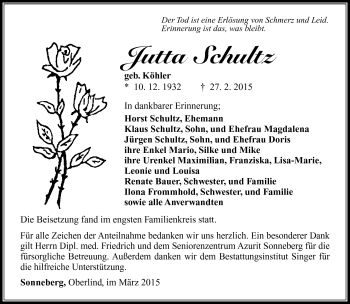 Traueranzeige von Jutta Schultz von Südthüringer Presse