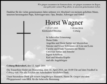 Traueranzeige von Horst Wagner von Neue Presse Coburg