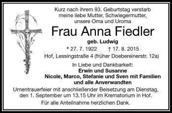 Traueranzeige von Anna Fiedler von Frankenpost