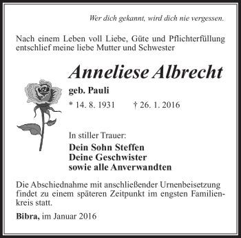 Traueranzeige von Anneliese Albrecht von Südthüringer Presse