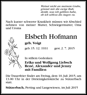 Traueranzeige von Elsbeth Hofmann von Südthüringer Presse