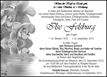 Traueranzeige von Ilse Felsburg von Südthüringer Presse