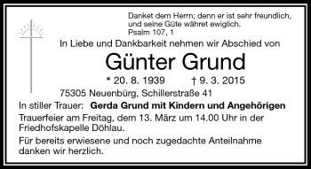 Traueranzeige von Günter Grund von Frankenpost