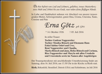 Traueranzeige von Erna Götz von Südthüringer Presse
